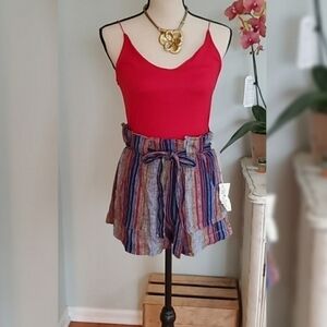 Indigo Rein Linen Blend Striped Paper Bag High Waisted Shorts